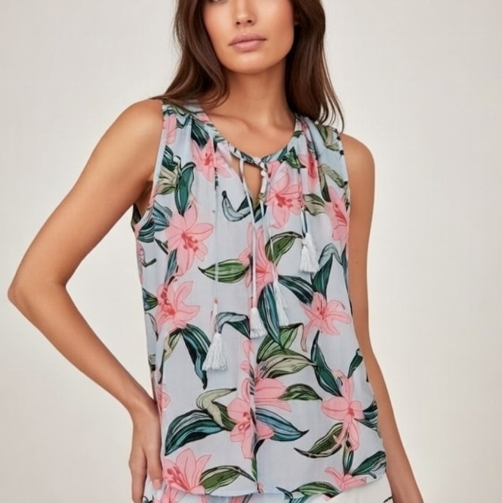 C & E Blue Green Pink Lily Floral Sleeveless Tassle Top Size XS